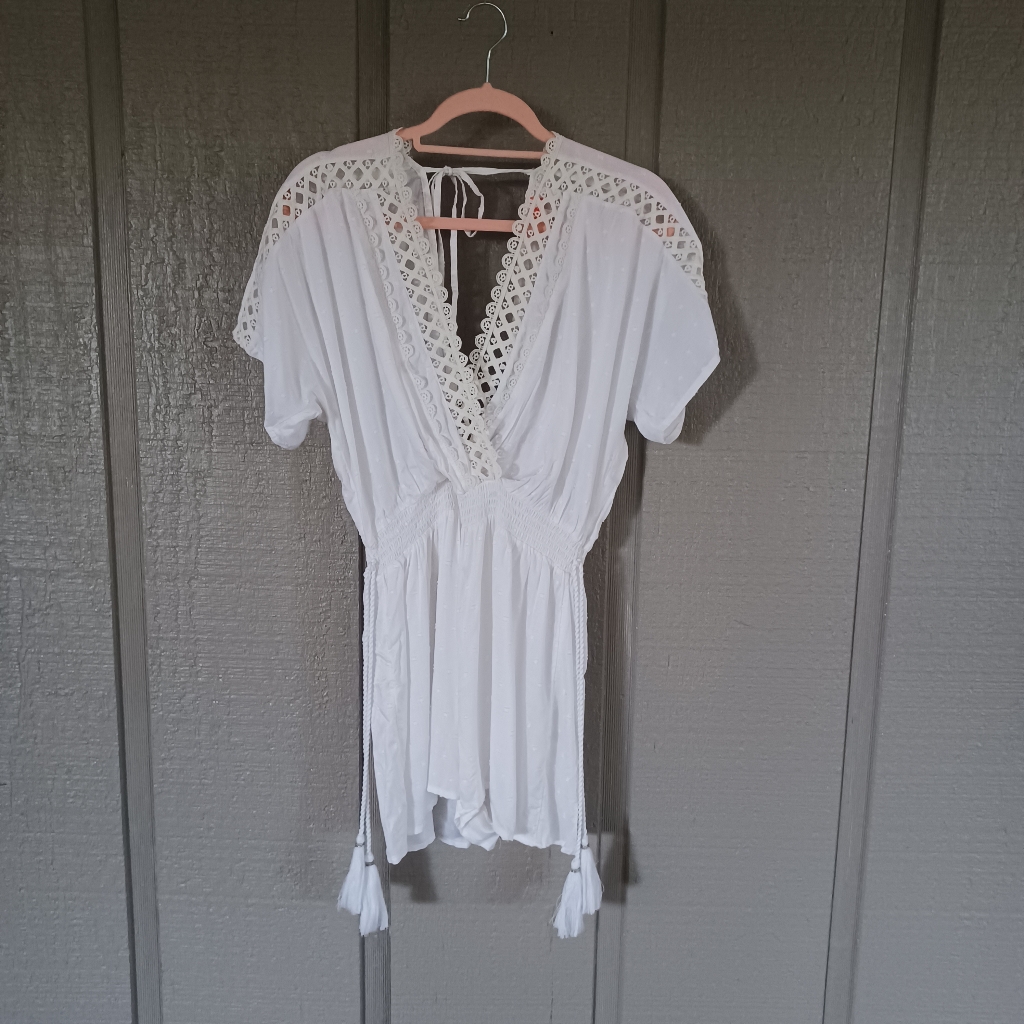 River Island Plunge Neck Swim Cover Up Romper Size 6 Color White Boho Tassel